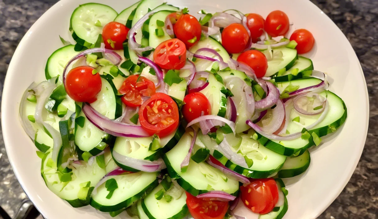 Classic Marinated Cucumber, Tomato, and Onion Salad