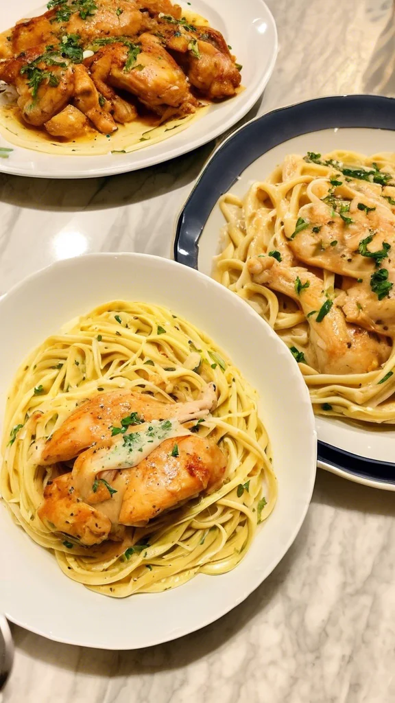 Step-by-step making Lemon garlic butter chicken served with creamy parmesan linguine