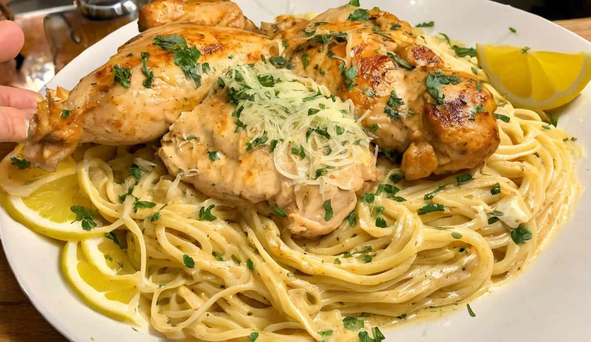 Lemon garlic butter chicken served with creamy parmesan linguine