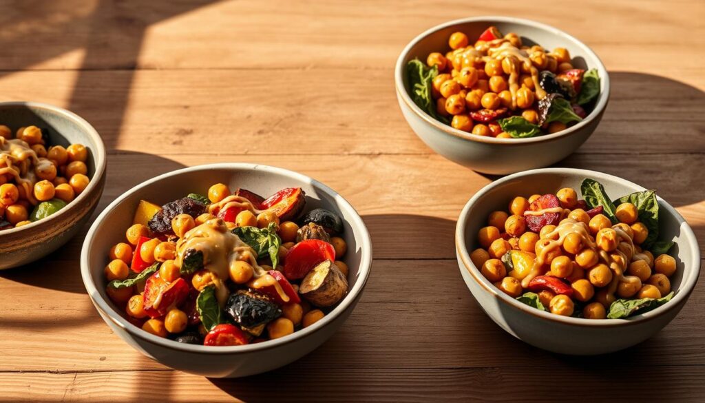 Geröstete Gemüse-Chickpea-Bowls mit Ahorn-Dijon-Tahini-Dressing