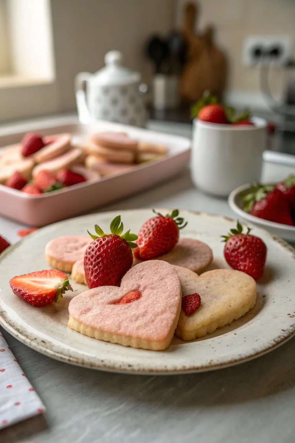 A delicious plate of Heart-Shaped Strawberry Shortbread Cookies