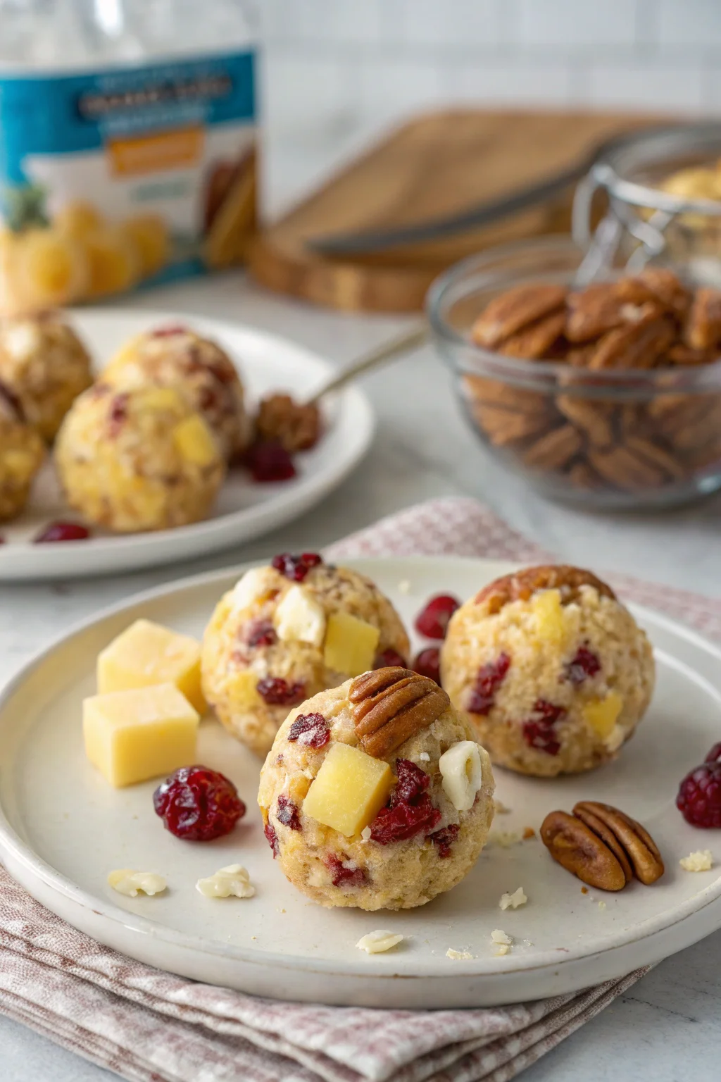 A delicious plate of Mini Pineapple Cranberry Cheese Balls with Pecans