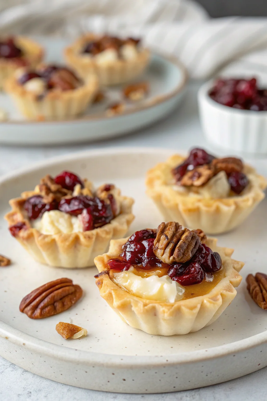 A delicious plate of Mini Phyllo Cups with Brie, Pecans and Cranberry Drizzle