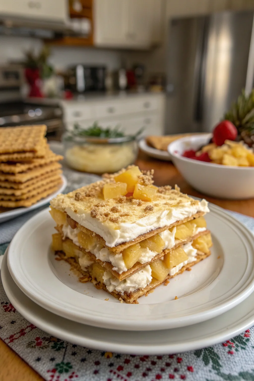 A delicious plate of No-Bake Christmas Pineapple Lasagna