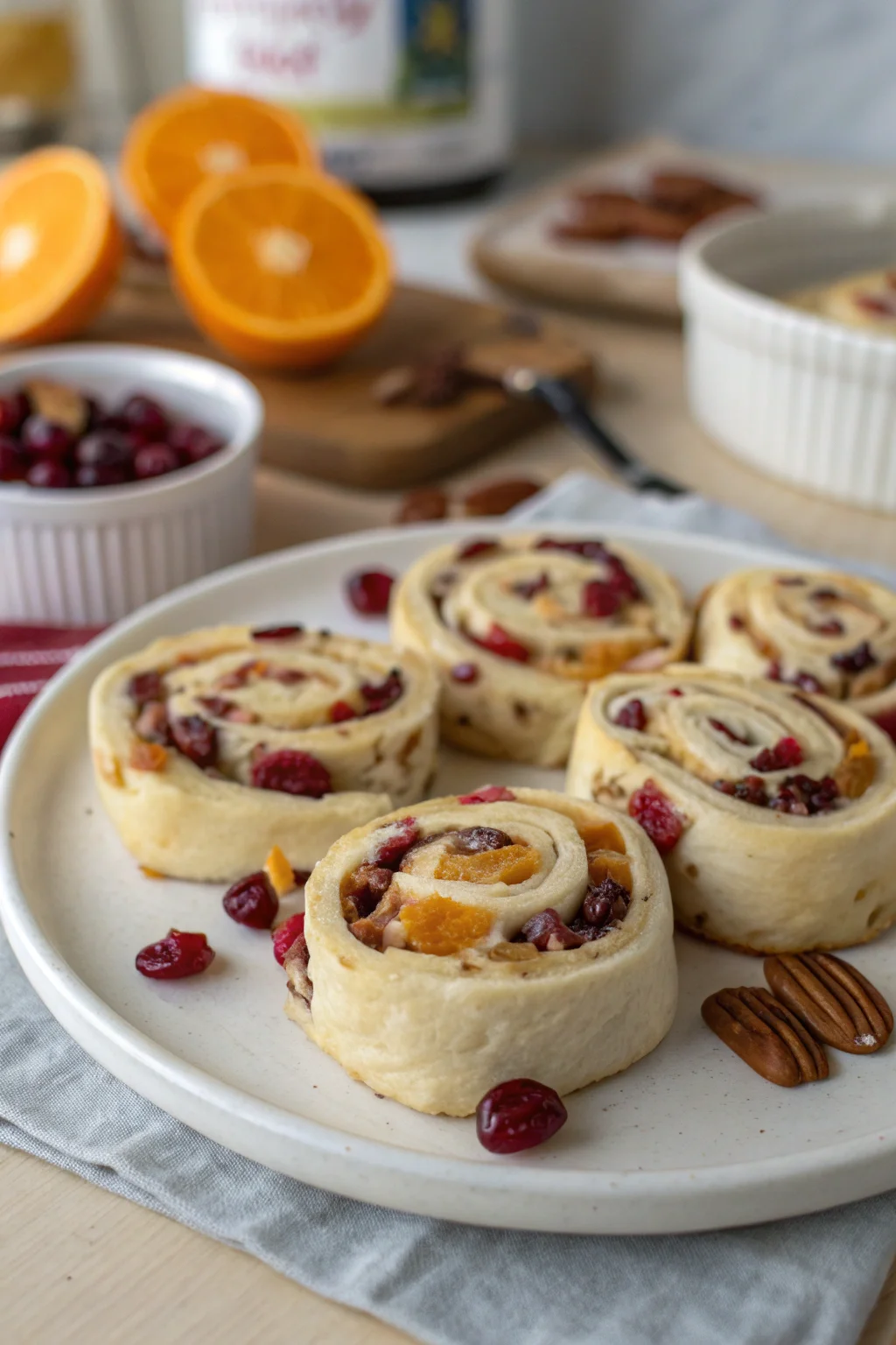 A delicious plate of Cranberry‑Orange Cream Cheese Pinwheels with Pecans