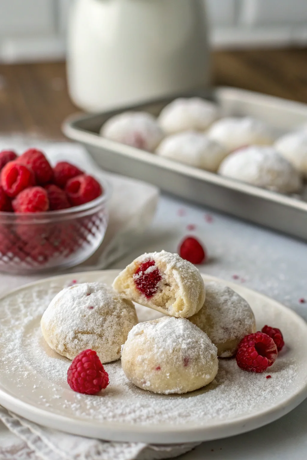 A delicious plate of Irresistible Raspberry Filled Almond Snowball Cookies