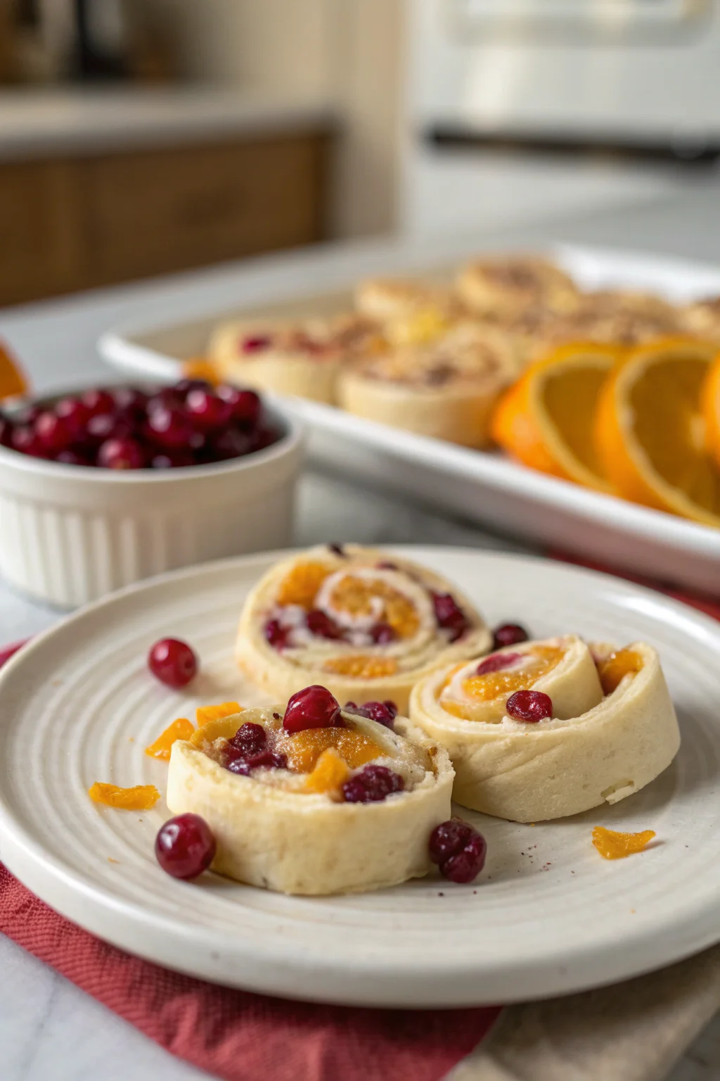 A delicious plate of Cranberry Orange Cream Cheese Pinwheels