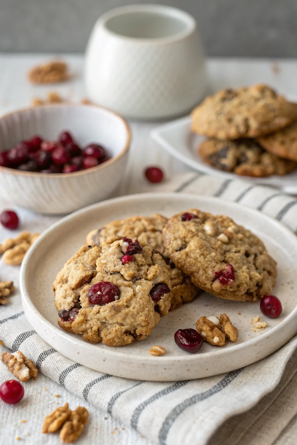 A delicious plate of Bakery-Style Cranberry Walnut Oatmeal Cookies