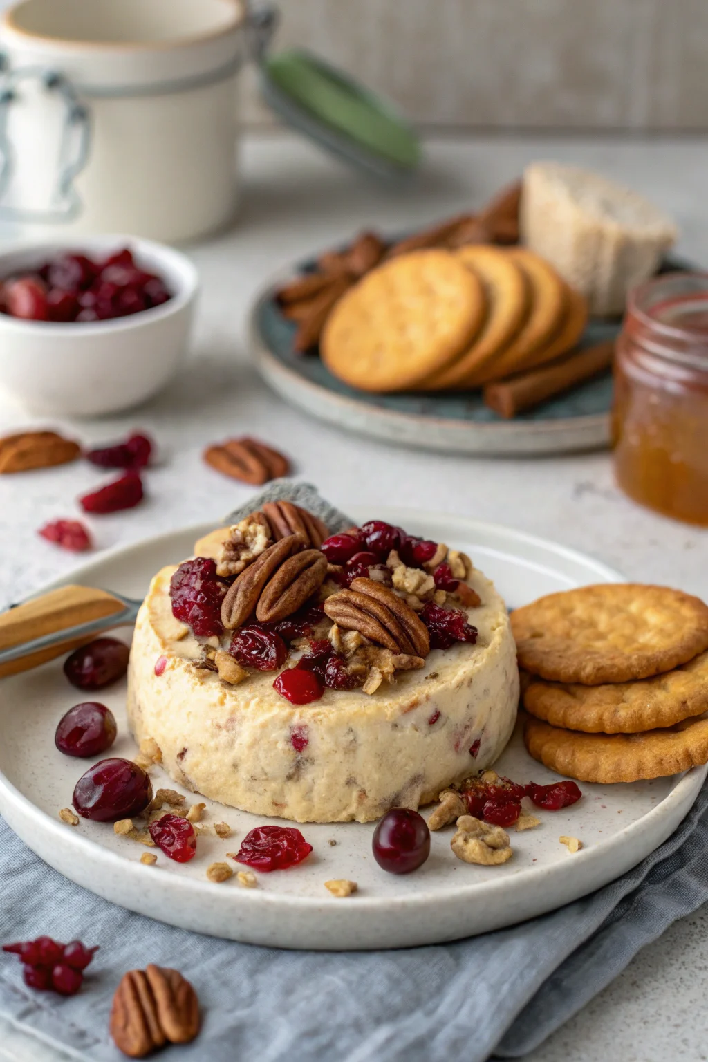 A delicious plate of Maple Pecan Cranberry Holiday Cheese Spread