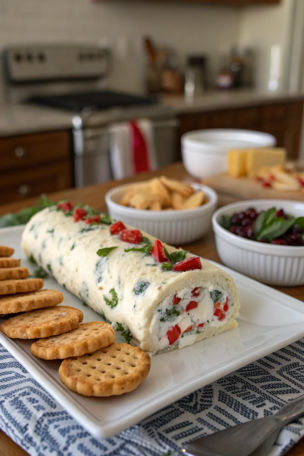 A delicious plate of Holly Jolly Antipasto Cream Cheese Log