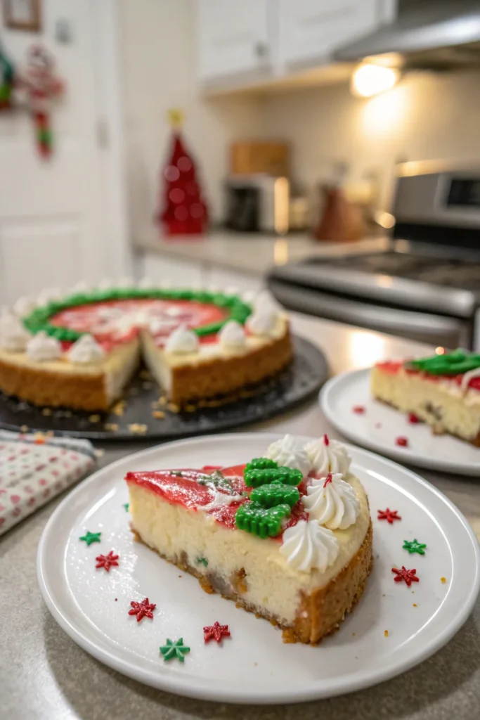 A delicious plate of Christmas Sugar Cookie Cheesecake