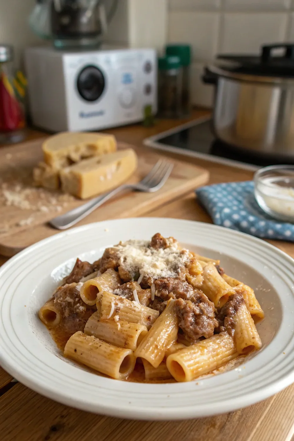 A delicious plate of Creamy Parmesan Beef Rigatoni