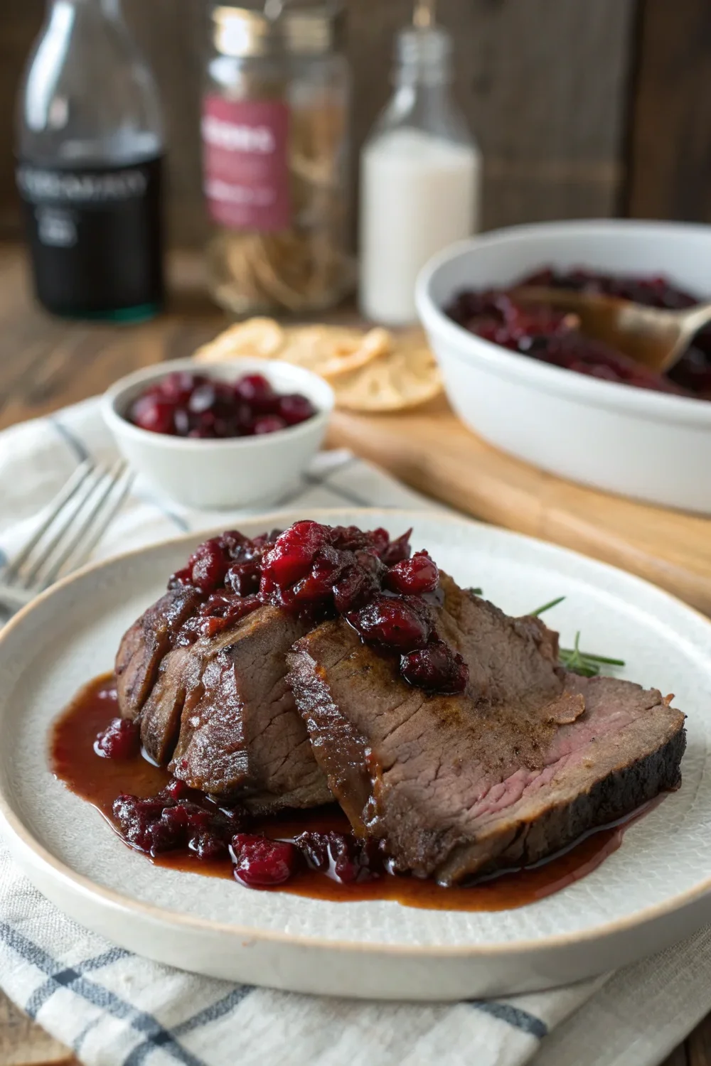 A delicious plate of Slow-Braised Beef Roast with Cranberry Balsamic Glaze