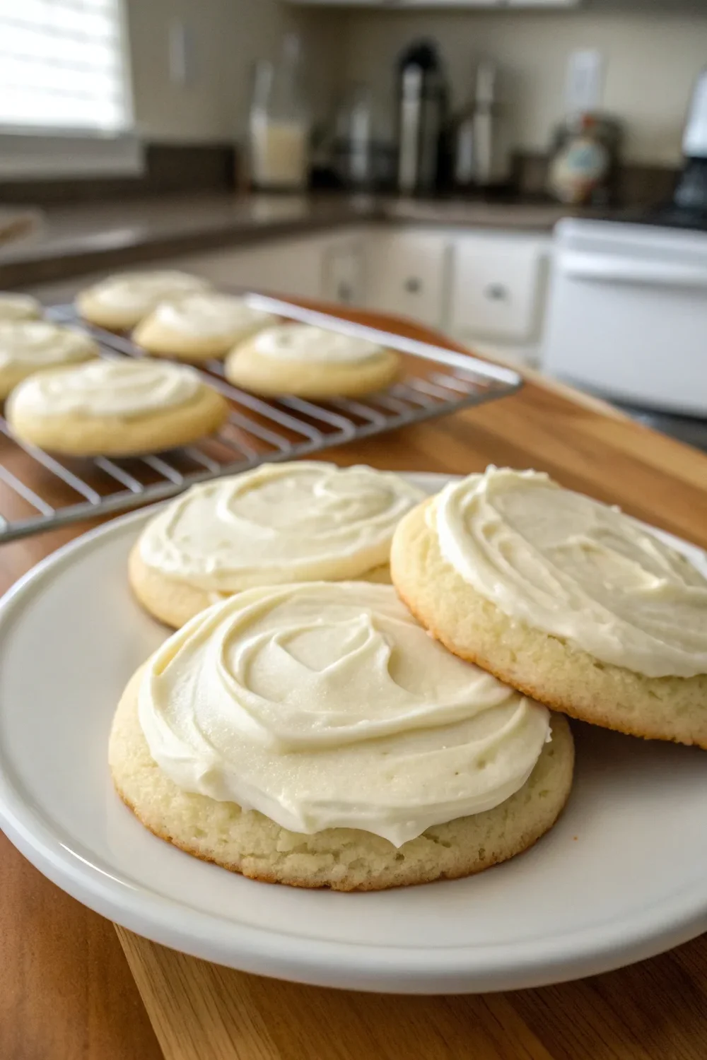 A delicious plate of Sour Cream Sugar Cookies with Cream Cheese Frosting