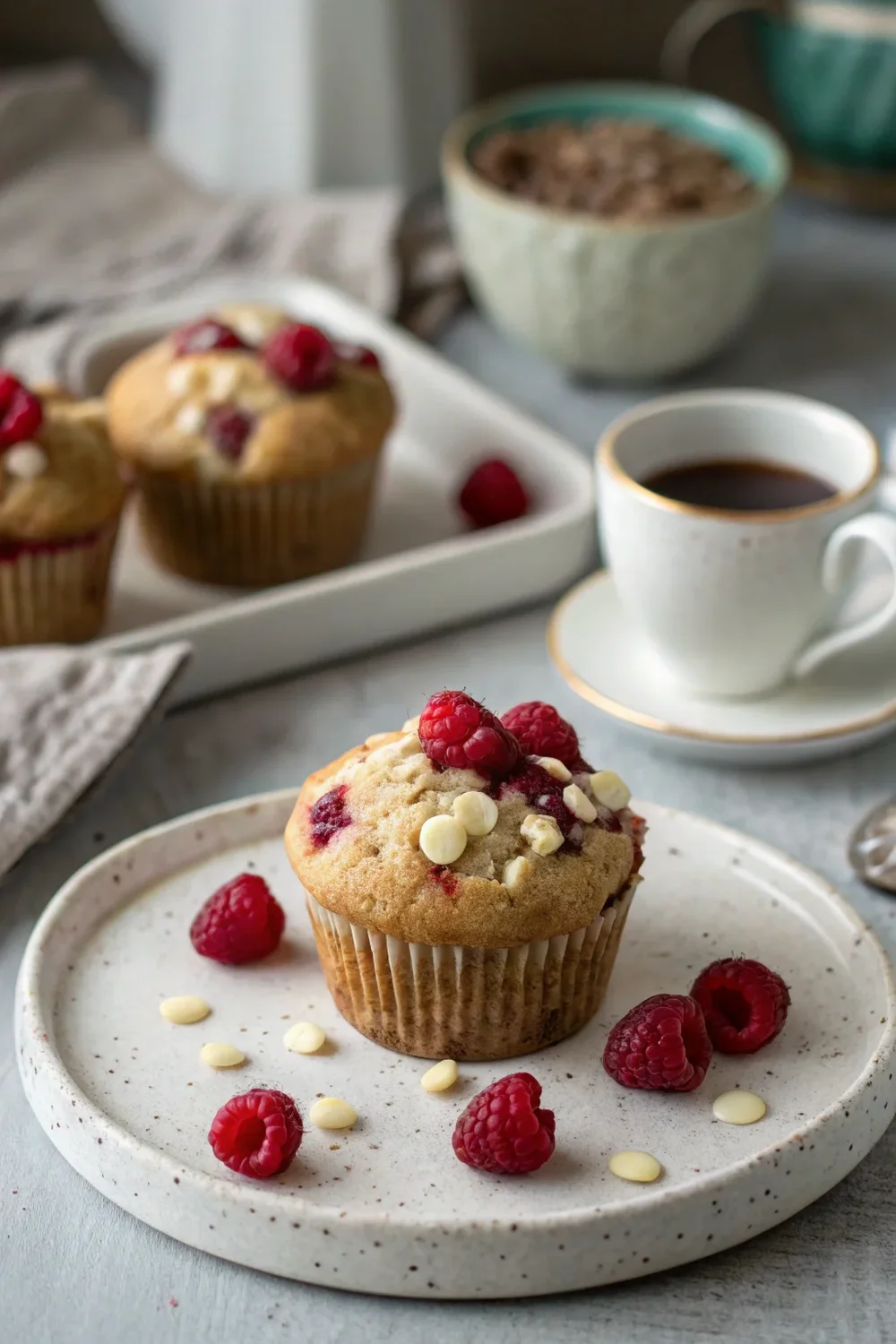 A delicious plate of White Chocolate Raspberry Muffins