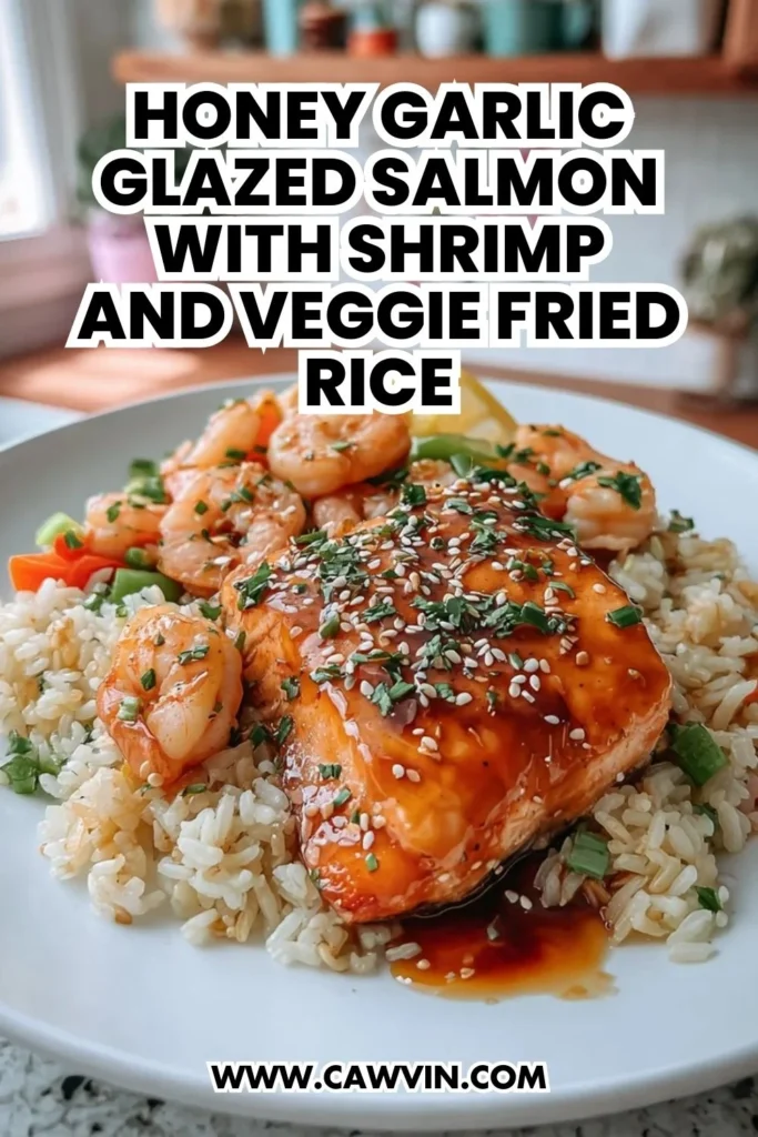 Honey Garlic Glazed Salmon with Shrimp and Veggie Fried Rice - Easy Peasy Recipes