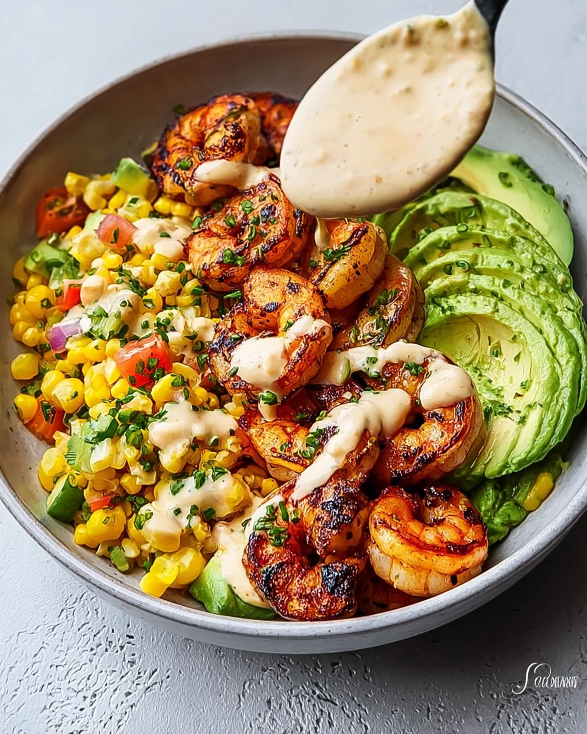 Grilled Shrimp Bowl with Avocado, Corn Salsa and Creamy Sauce - Image 2