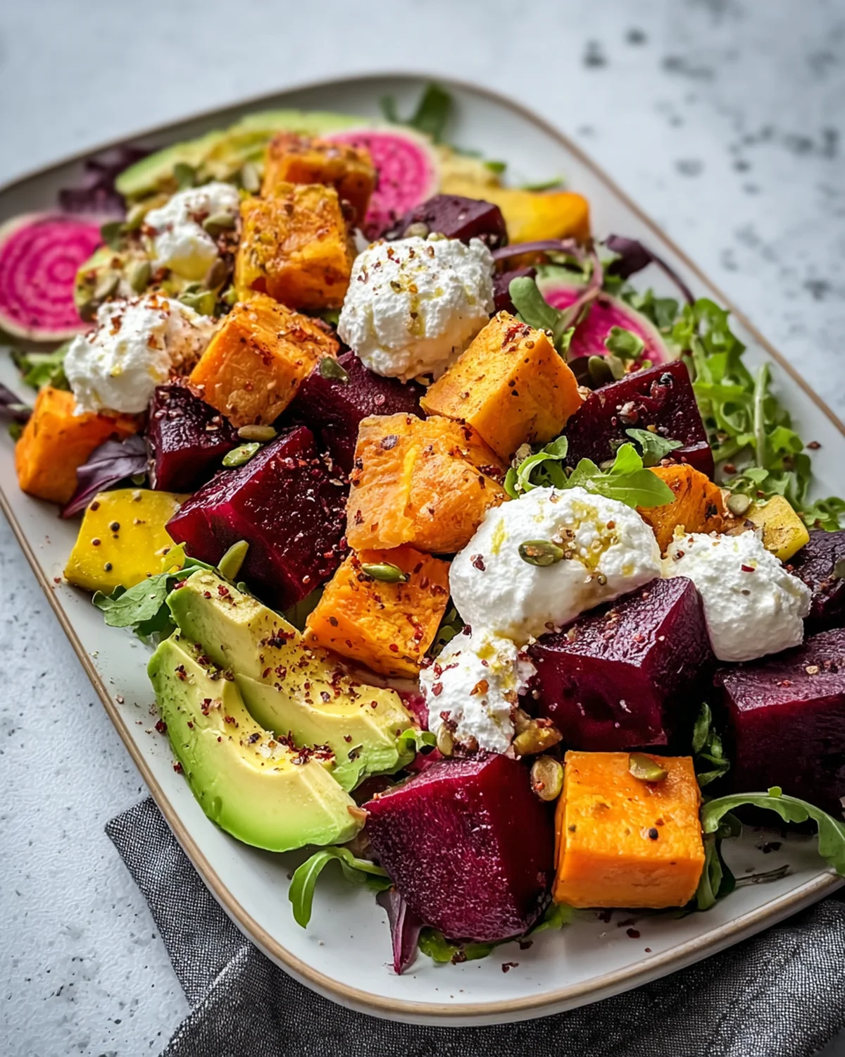 Roasted Beet, Sweet Potato and Avocado Salad with Whipped Ricotta and Lemon-Tahini Drizzle - Image 2