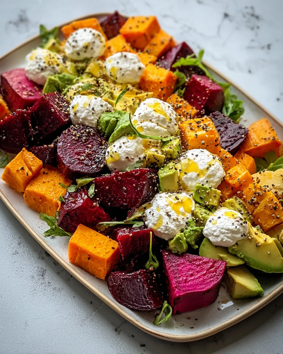 Roasted Beet, Sweet Potato and Avocado Salad with Whipped Ricotta and Lemon-Tahini Drizzle - Image 3
