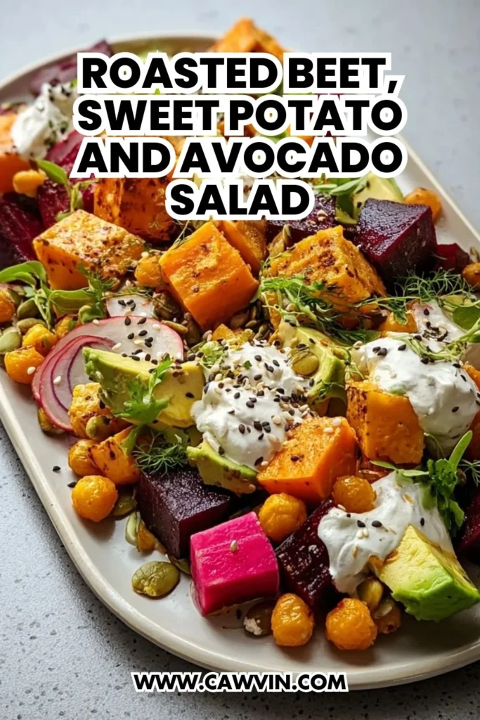 Roasted Beet Sweet Potato and Avocado Salad with Whipped Ricotta and Lemon Tahini Drizzle - Easy Peasy Recipes