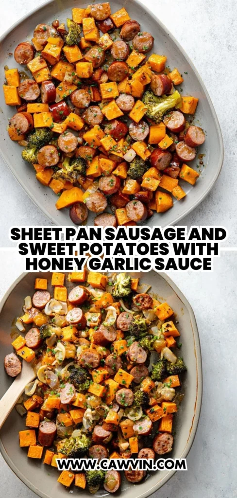 Sheet Pan Sausage and Sweet Potatoes with Honey Garlic Sauce 2 1 - Easy Peasy Recipes